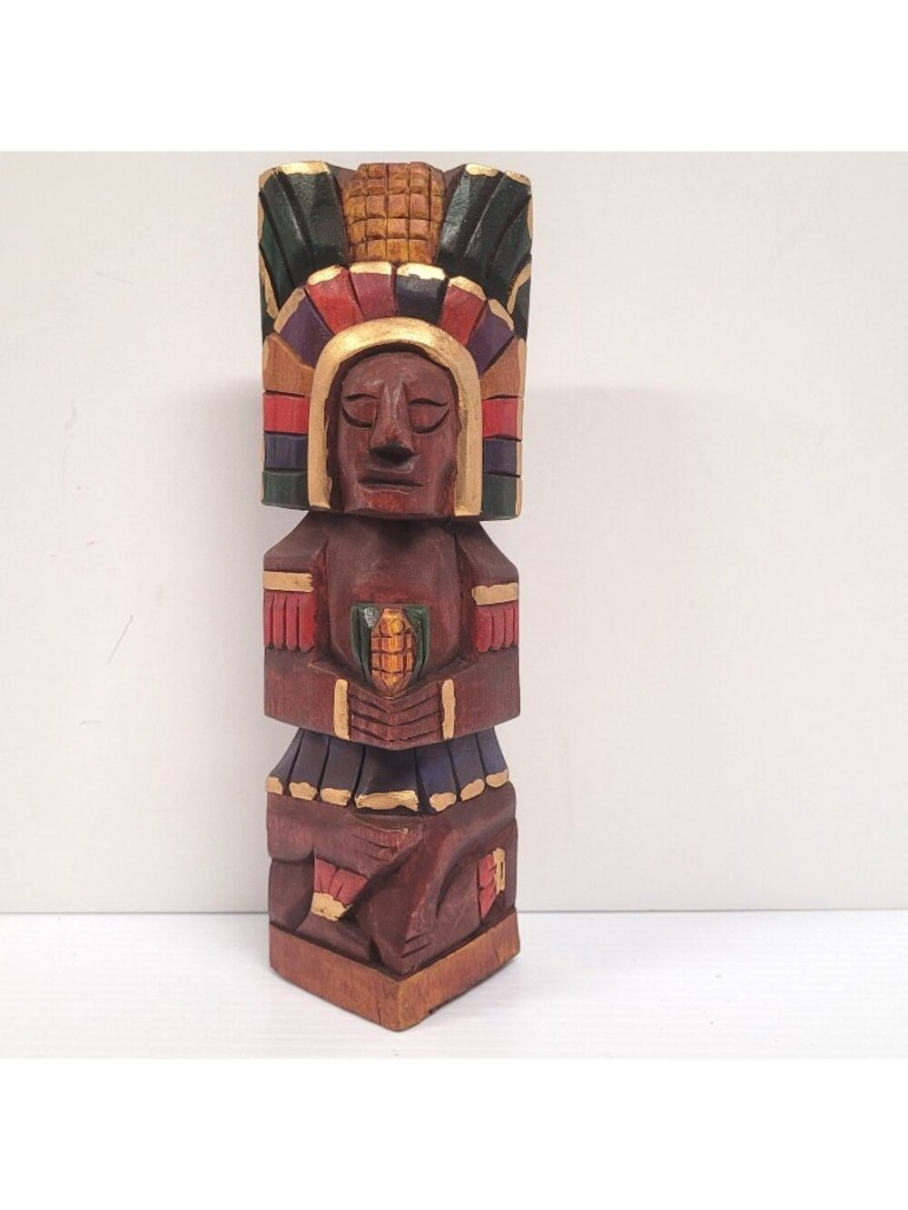 Hand Paint Carved Wooden Aztec Totem Pole God of Maize Mexico Mayan Corn 8 3/4"